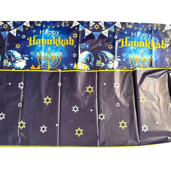 Set of 3 Hanukkah Tablecloths Blue Menorah & Star of David Plastic Table Covers - Picture 2 of 7